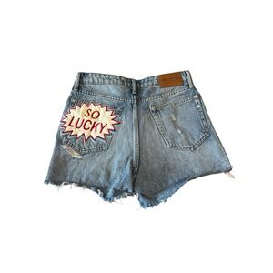 Lucky Brand High Rise "So Lucky" Patch Distressed Cut Off Denim Shorts 10